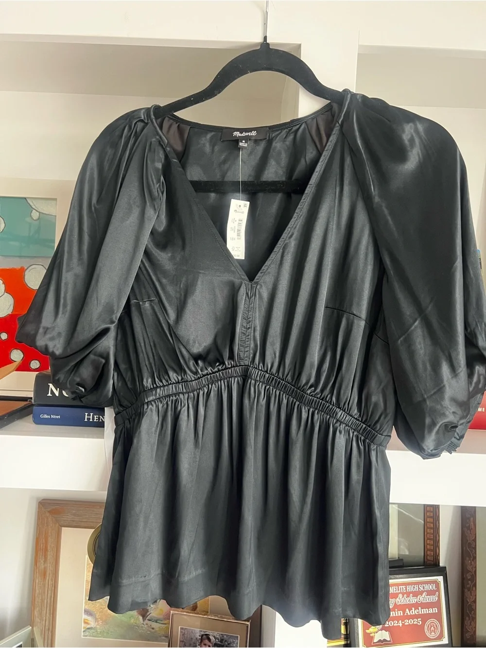 Madewell Black V-Neck Puff-Sleeve Peplum Blouse